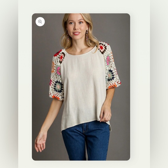 EUC Women’s UMGEE $70 Linen Blend Crochet Sleeve Top Plus Size 1XL Boho Beach - Picture 2 of 16